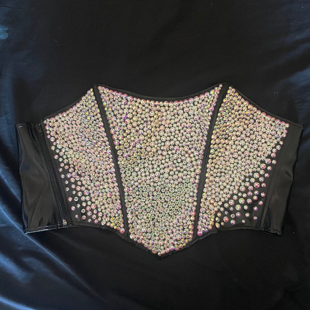 DIY Upcycled Corset Bustier Rhinestones Crystals PVC Punk Goth BDSM